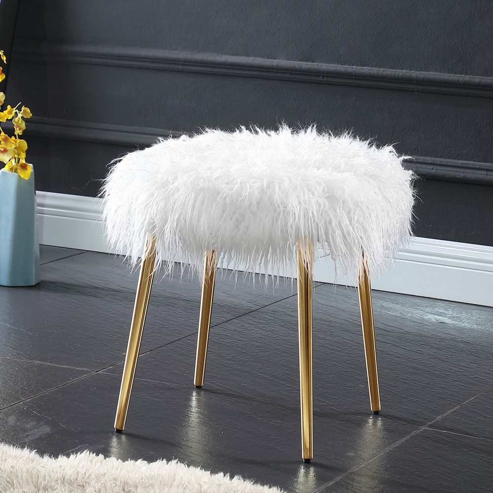 Accent Ottoman Faux Fur Upholstery with Gold Legs