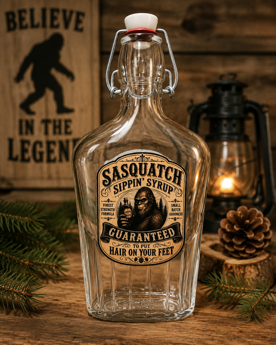 Sasquatch Sippin' Syrup Decorative Italian Glass Flask Bottle – Funny Bigfoot