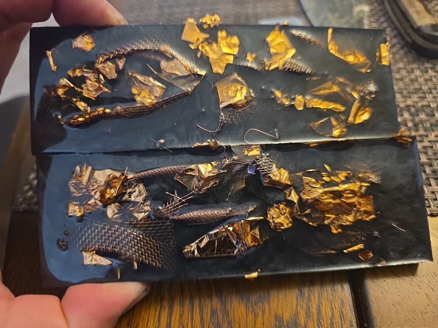 Custom Black Knife Scales With Gold Leaf And Copper Mesh