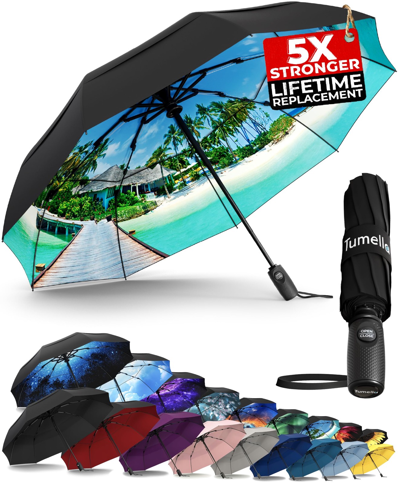 TUMELLA Strongest Windproof Travel Umbrella (Compact, 42 inch, Beach Life