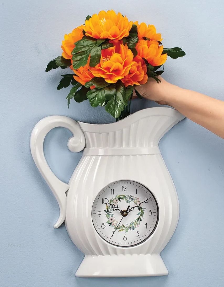 Wall Clock Water Pitcher Flower Vase White Battery Vessel