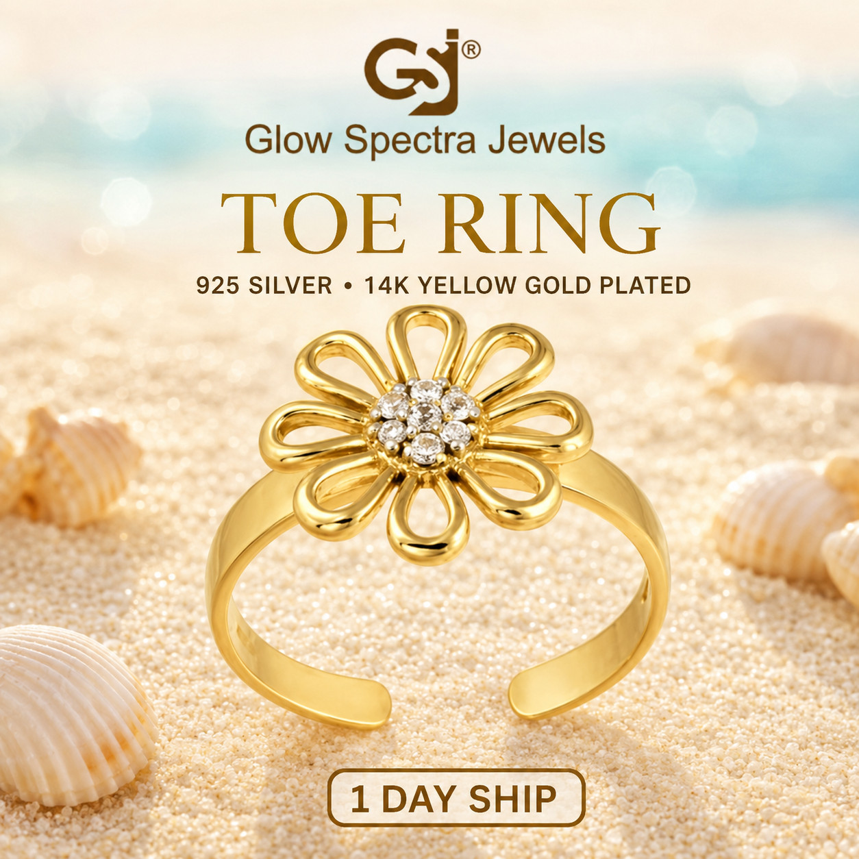 925 Silver Simulated Diamond Floral Toe Ring Girl & Women 14k Yellow Gold Plated