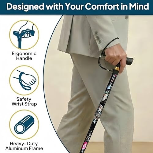 Walking Cane with LED Light, Foldable,Adjustable, Self Standing Black flowers