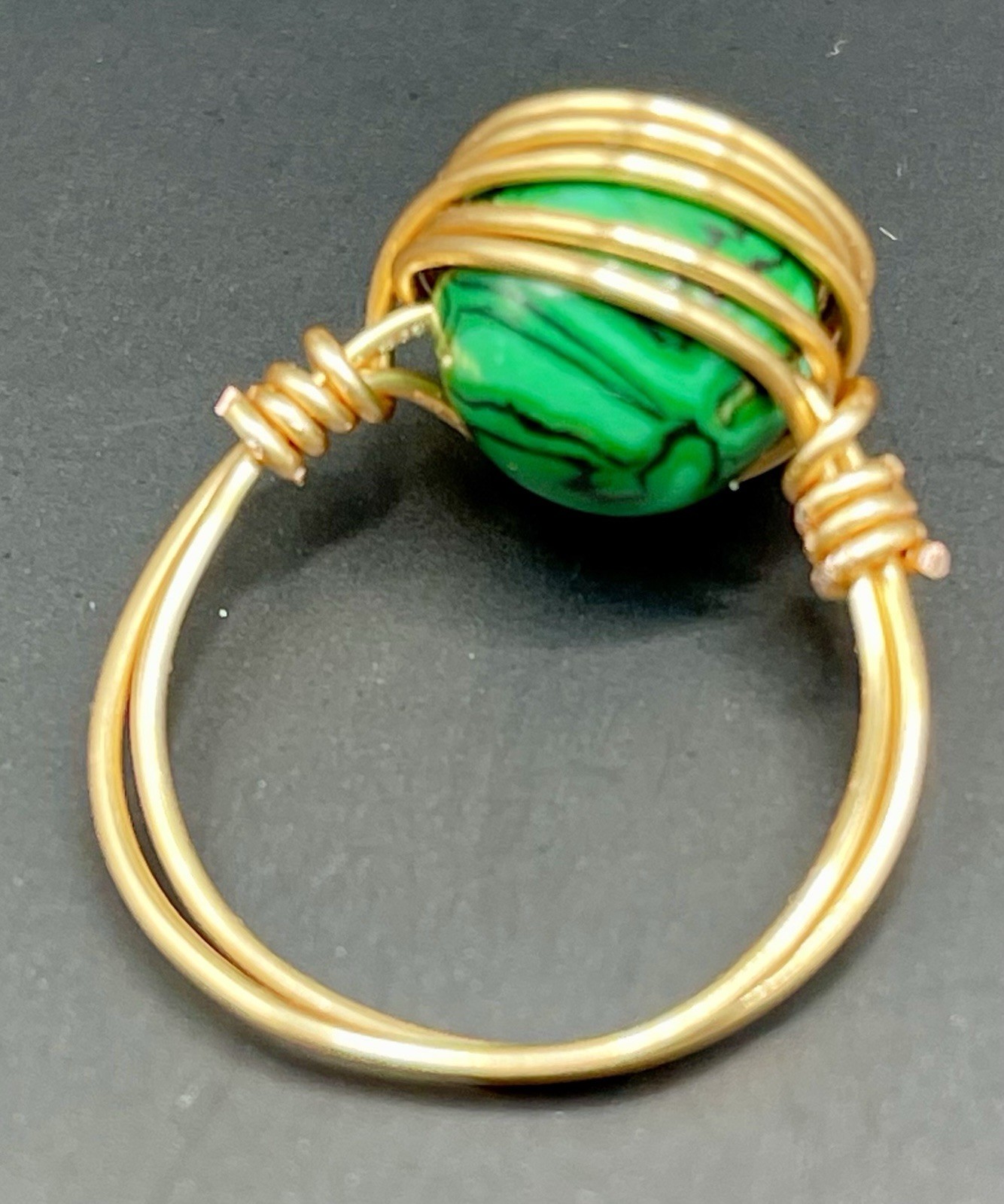 Wire Wrapped Green Agate Ring. Size 8. Gold Wire.