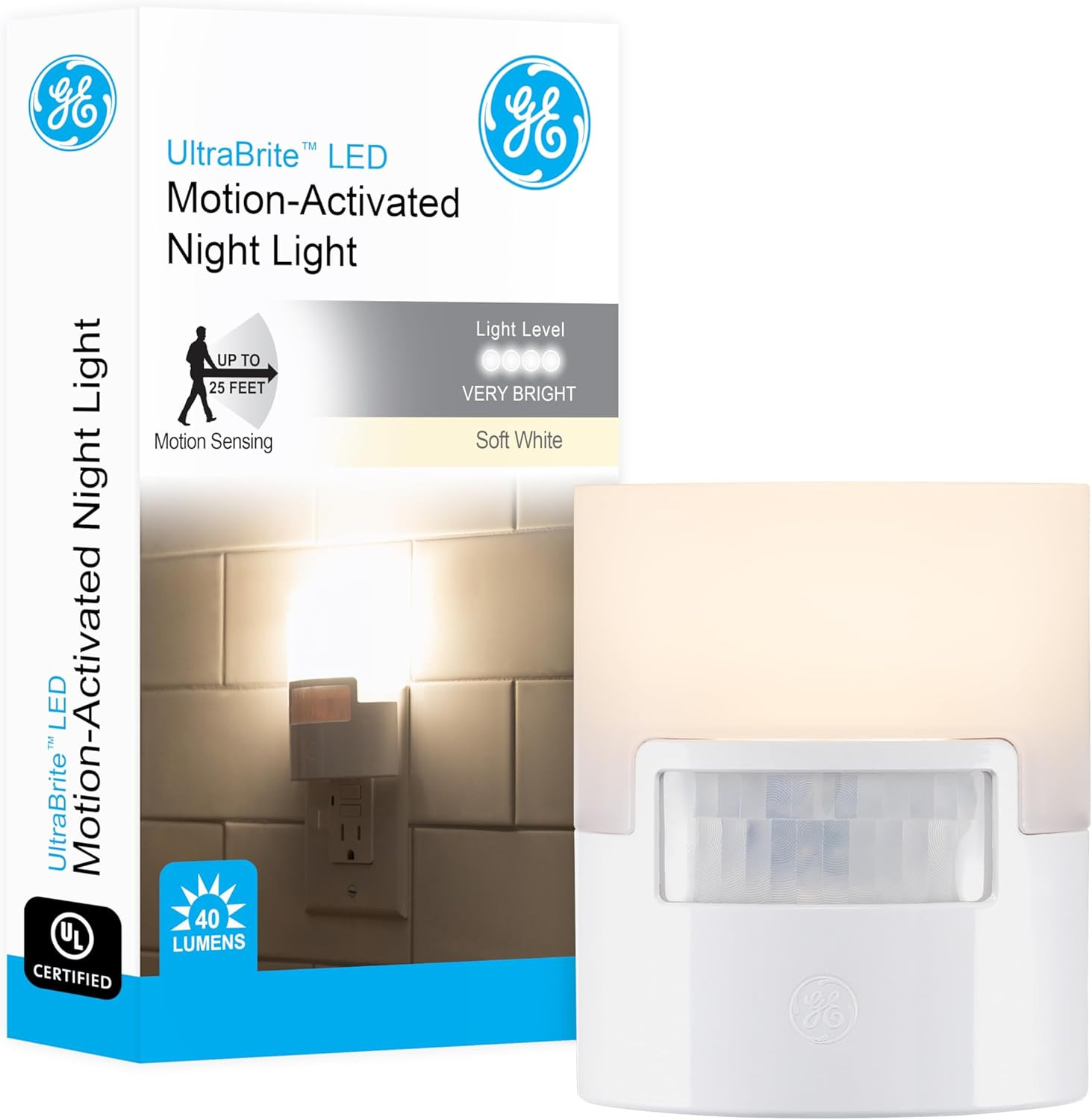 GE LED Night Light Motion Sensor Plug-In UL Listed, White, 40 Lumens 2 Pack