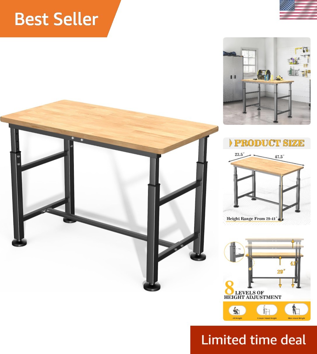 Rubberwood Adjustable Work Table - 47.5" Heavy Duty with Durable Steel Frame