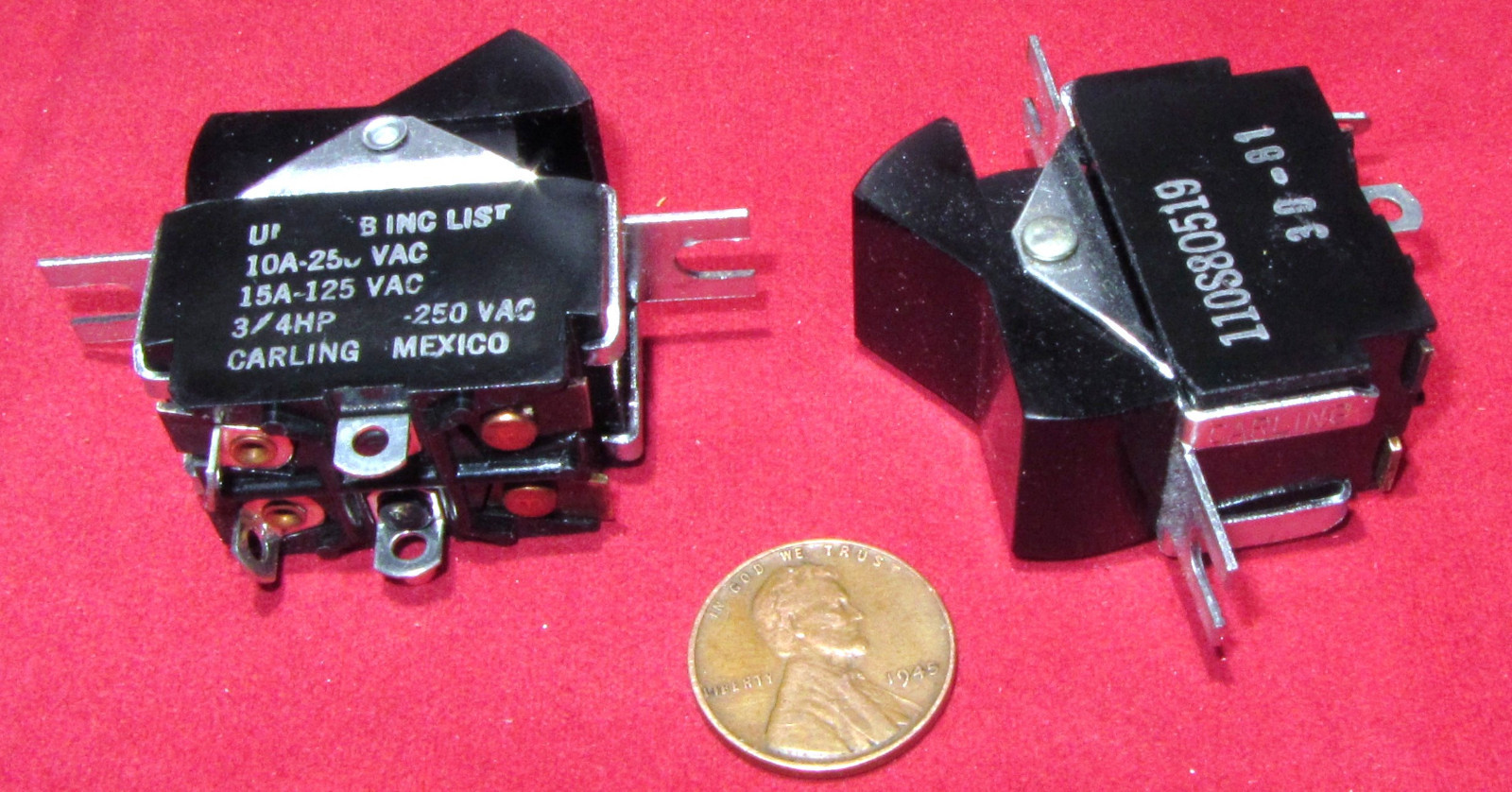 2 x Carling Black Tippette Rocker Switch TIGK50-1S-BL-A DPST 15A 125V 10A 250VAC