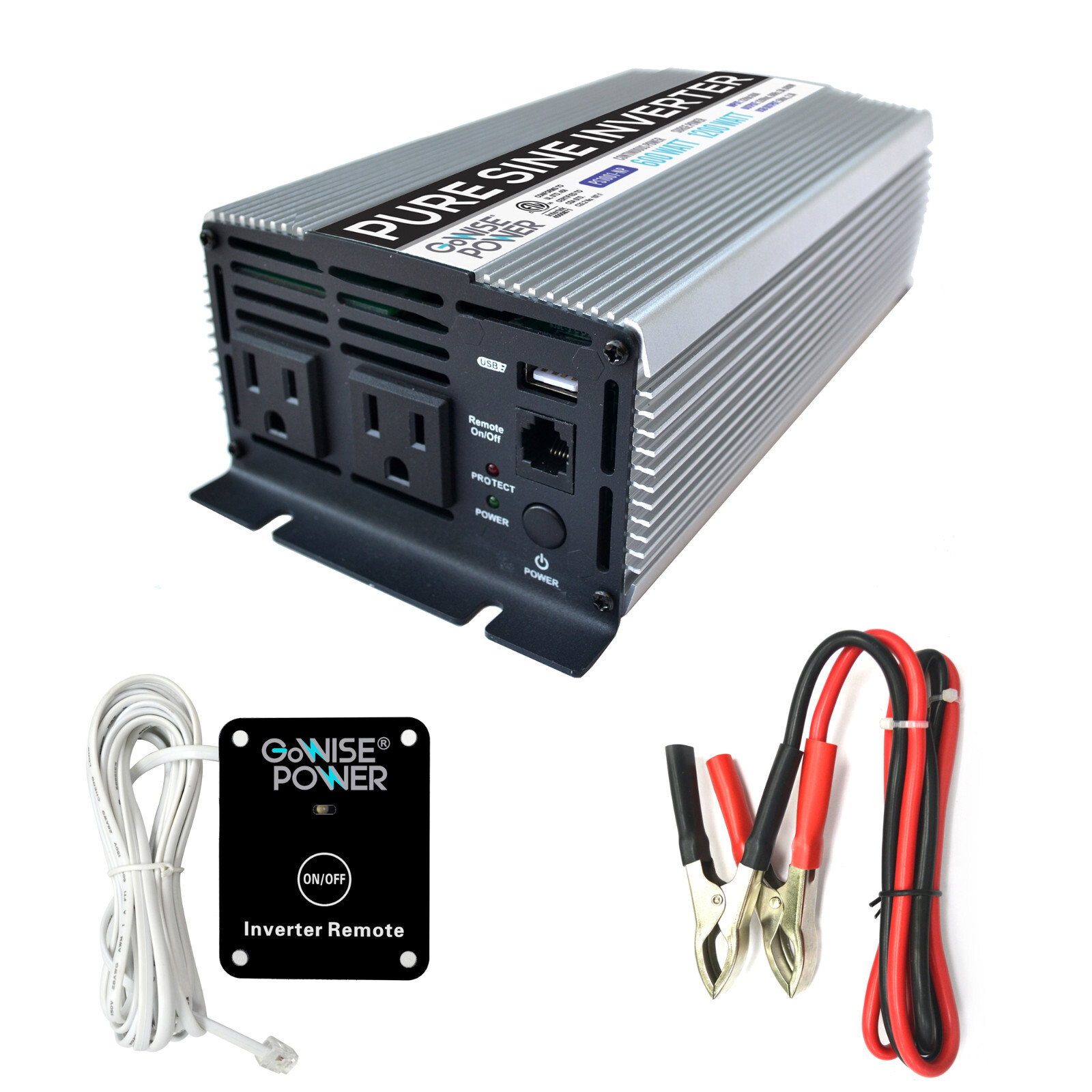 GoWISE Power 600W/1200W Peak Pure Sine Wave Power Inverter with 2 AC Outlets