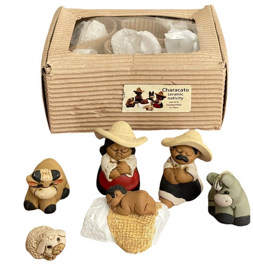 Peruvian Handmade Clay 9-Piece Mini Nativity Set 1.75" H Christmas Original Box