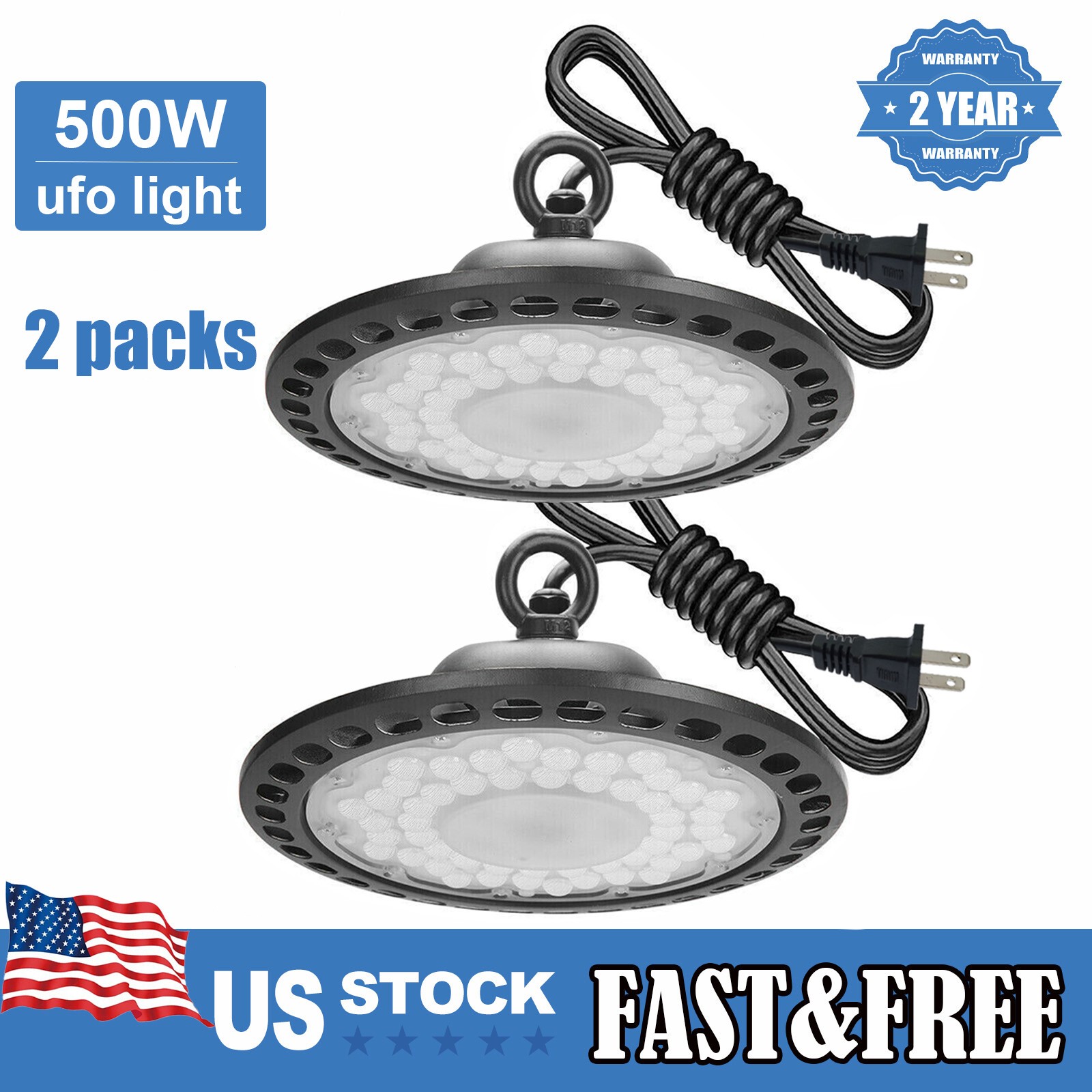 2Pcs UFO Led High Bay Light 500W Commercial Industrial Warehouse Factory Light
