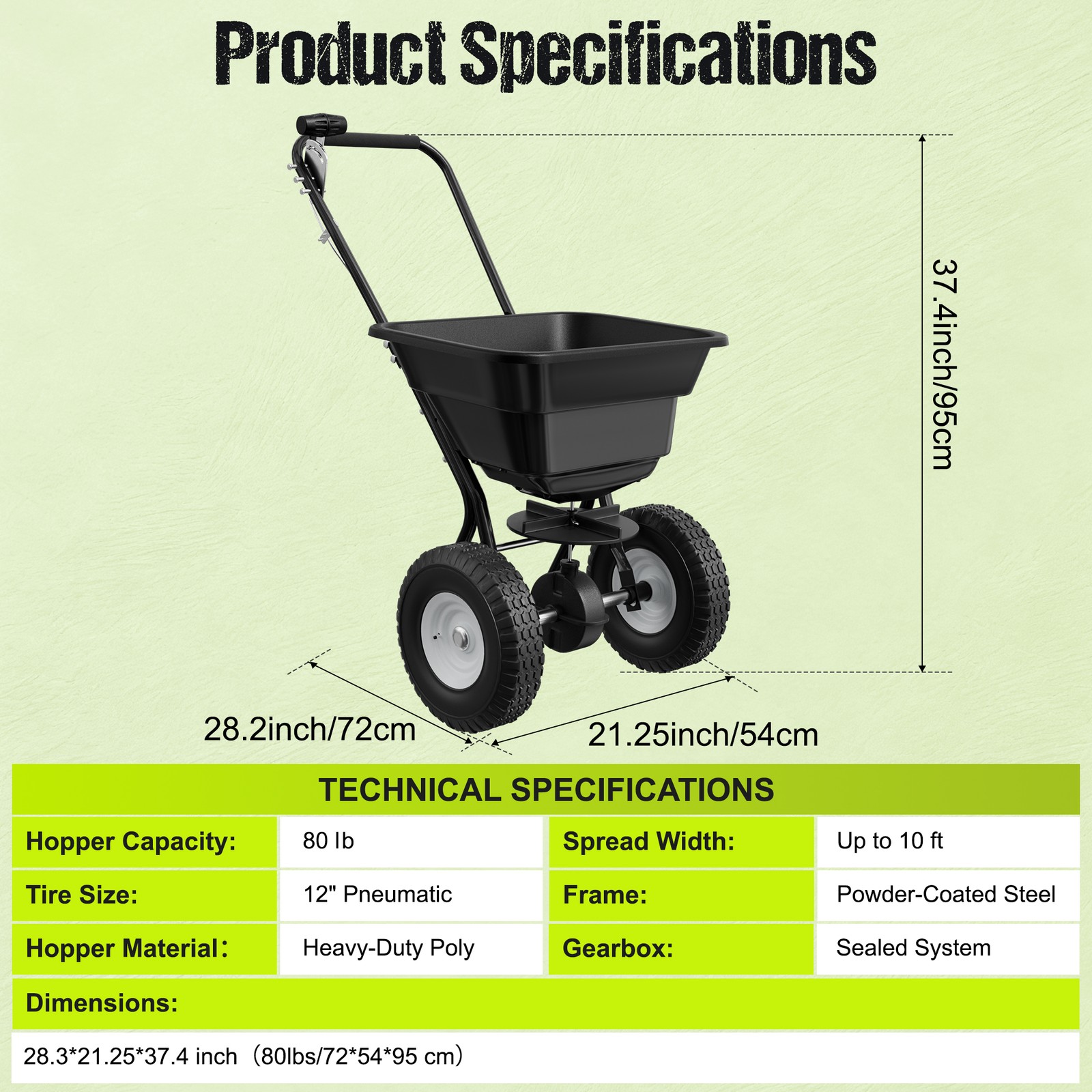80LB Broadcast Spreader Push Lawn Seeder Fertilizer Ice Melt Spreader Adjustable
