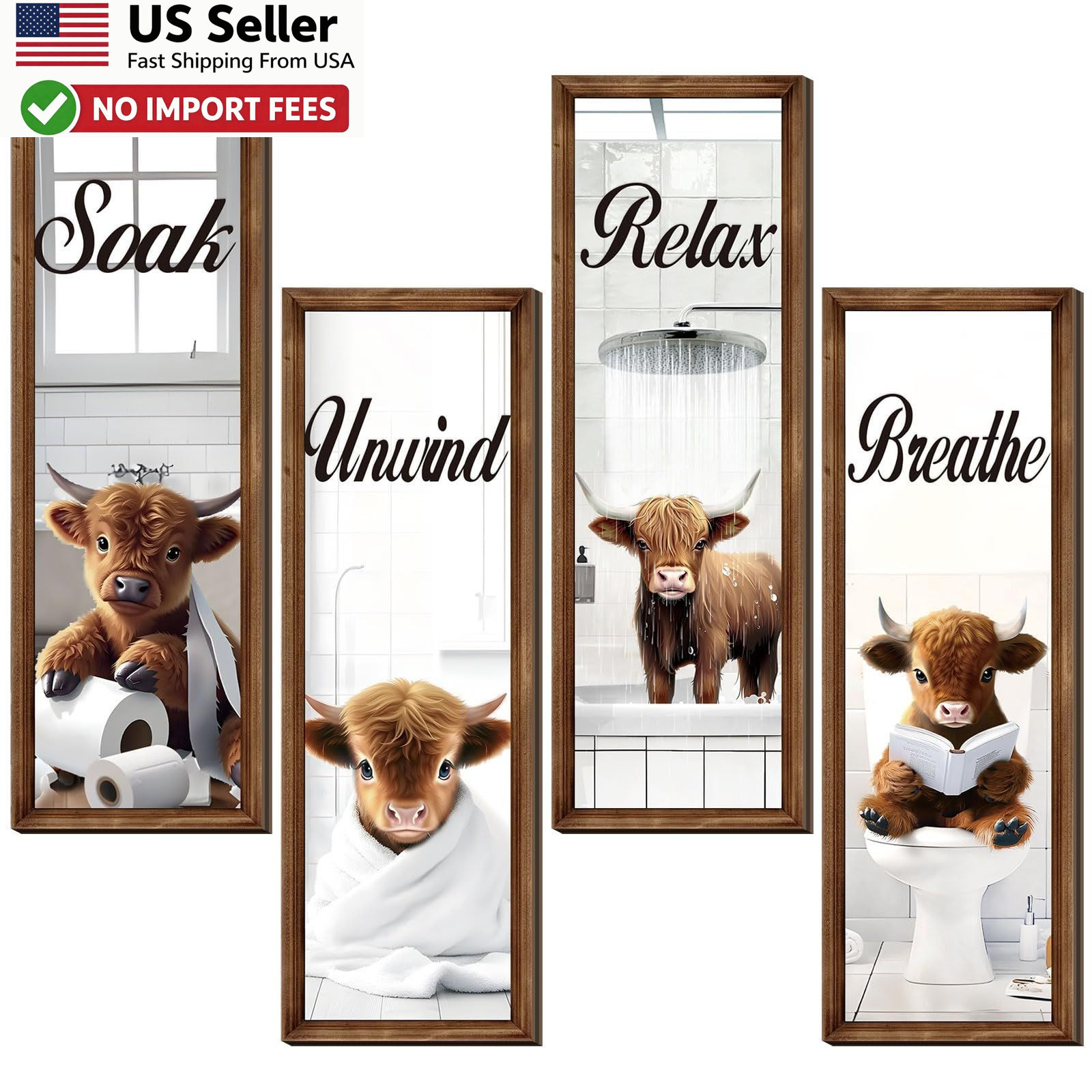 Honoson 4 Pcs Highland Cow Bathroom Decor Wall Art Wooden Farmhouse Signs FRM US