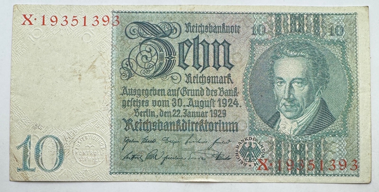 1929 German 10 Mark Note - Germany 10 Mark Banknote - Free Shipping