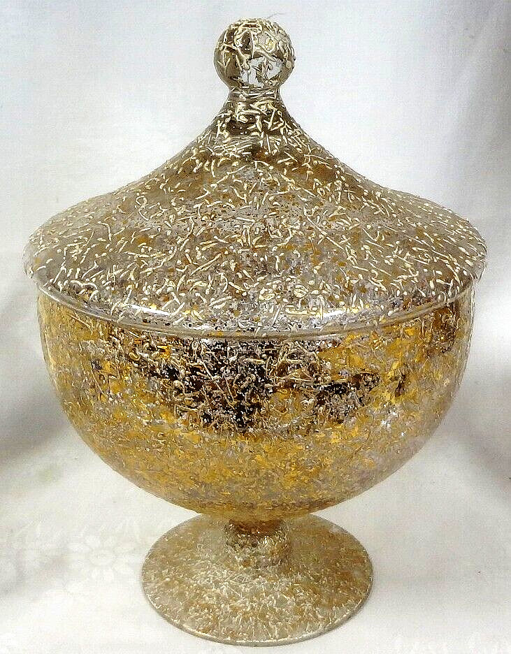 MCM bold WEST VIRGINIA GLASS splatter GOLDEN BROCADE lidded 9" CANDY JAR - MINT