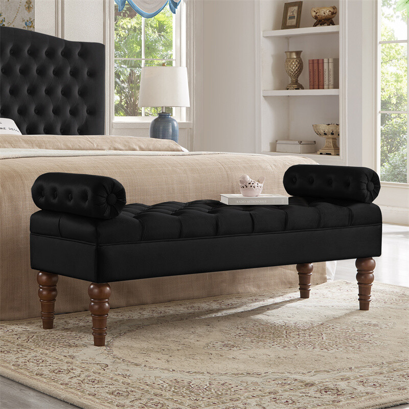 Black Velvet Upholstered Bed Bench with Tufted Button & Armrest Entryway Bench