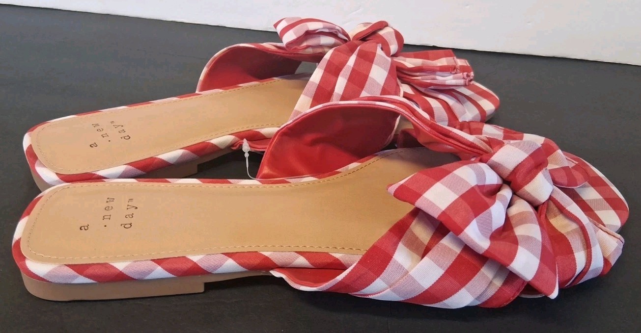 A New Day Women's Scarlet Gingham Bow Flat Sandals Red