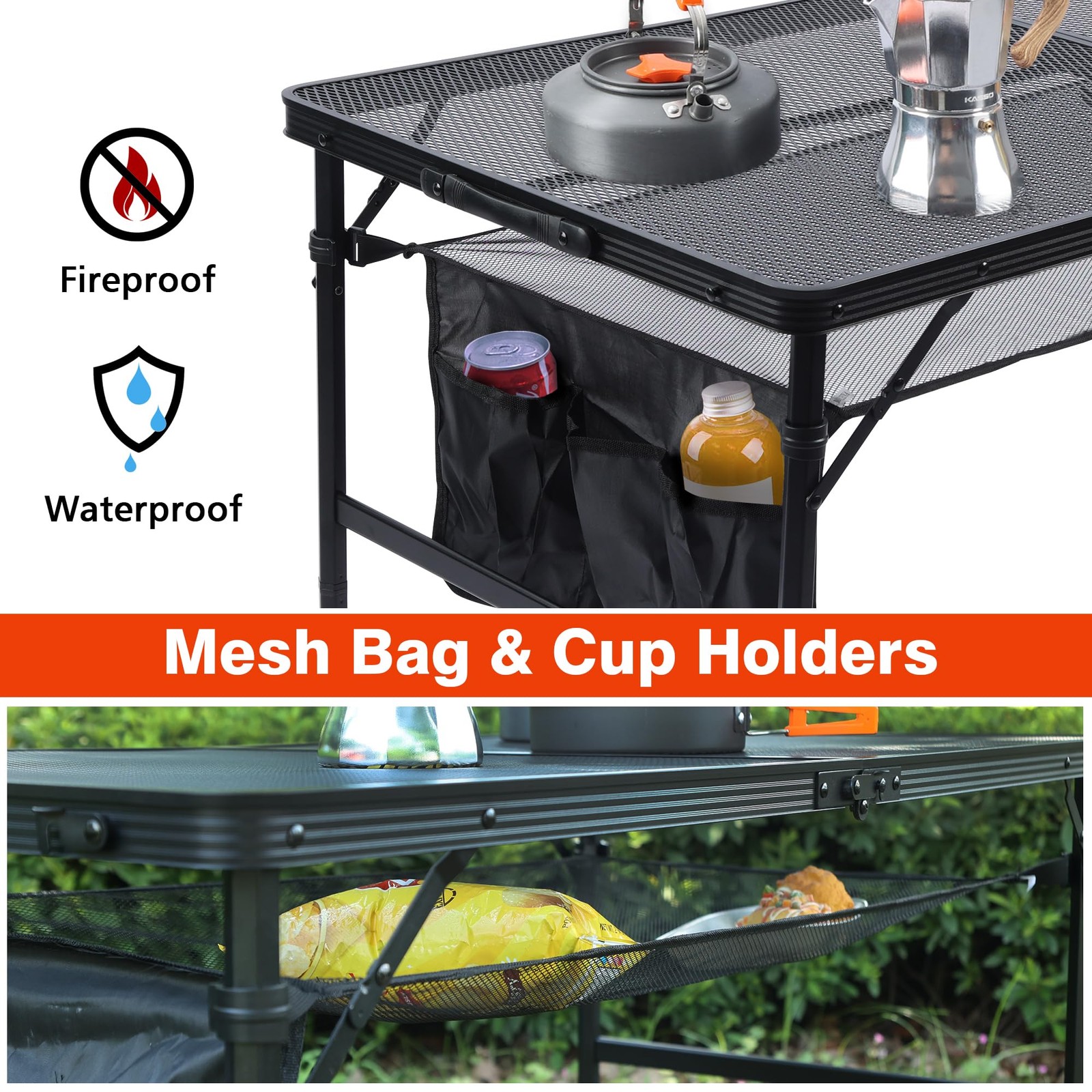 Folding Grill Table, 4x2 FT Portable Camping Table, Lightweight Height Adjust...
