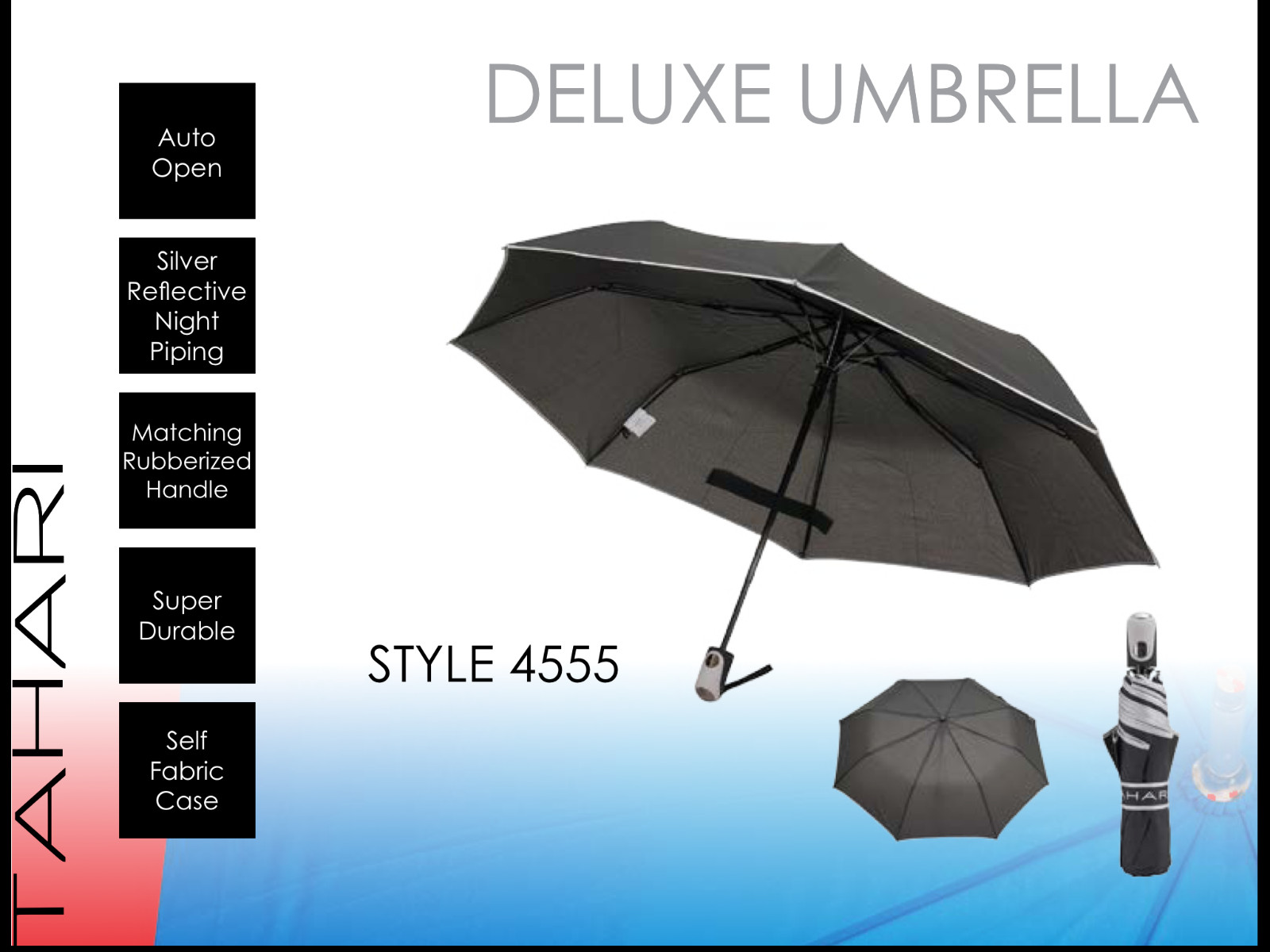 TAHARI  T4555 Auto Open Umbrella Deluxe, BLACK W/ SILVER TRIM Rubber grip handle