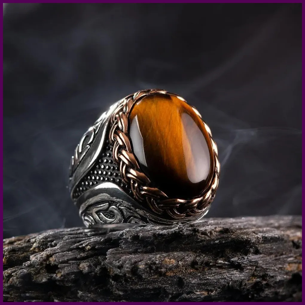 Brown tiger eye stone men and women retro new trend ring Turkish handmade spiral