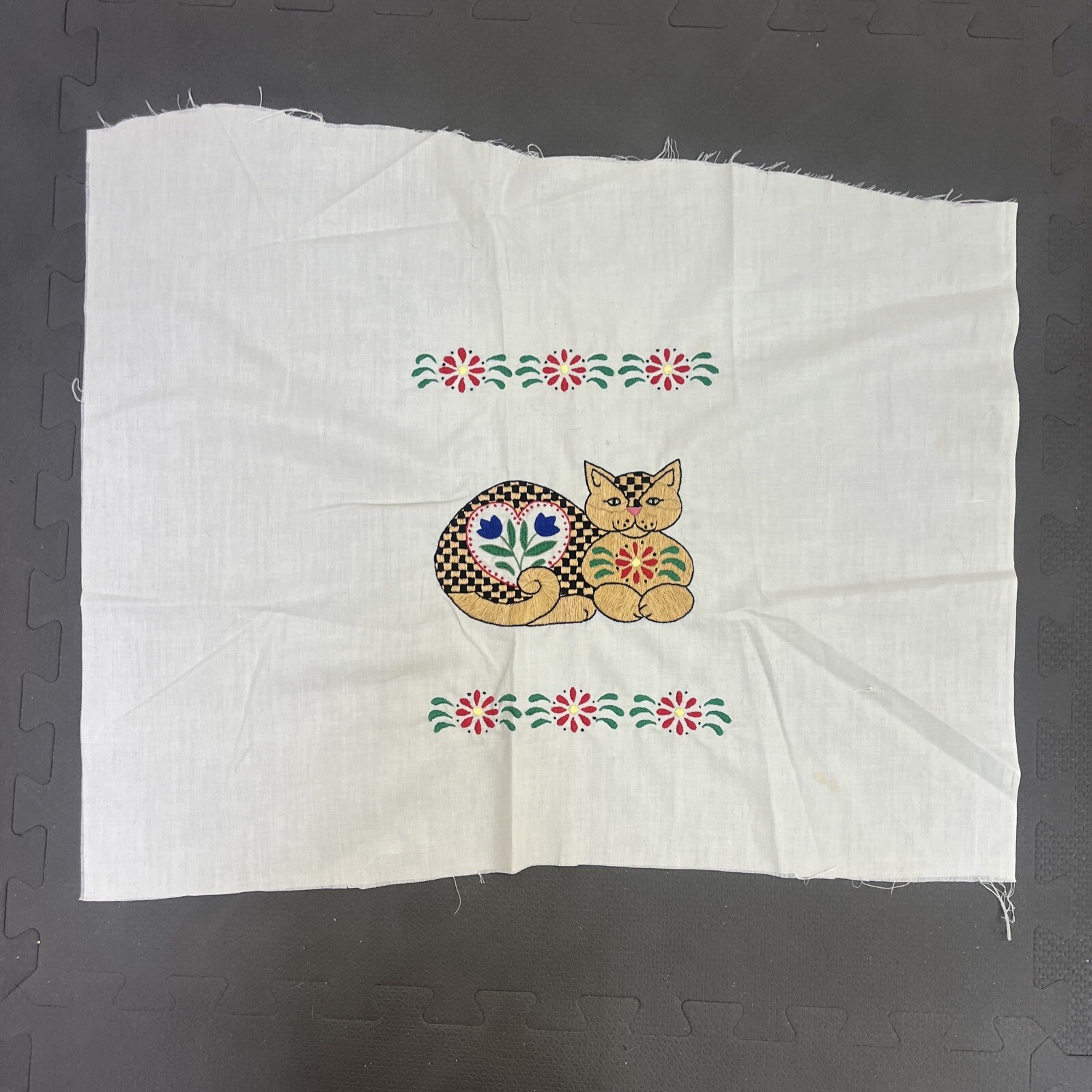 Vintage Needlepoint Cat with Flowers Fabric Piece Unframed FS Benefits Charity