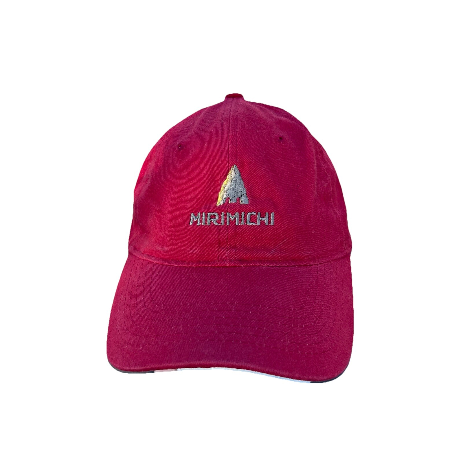 MIRIMICHI w Arrowhead Logo in Gold on Red Hat Cap Strap Buckle EUC
