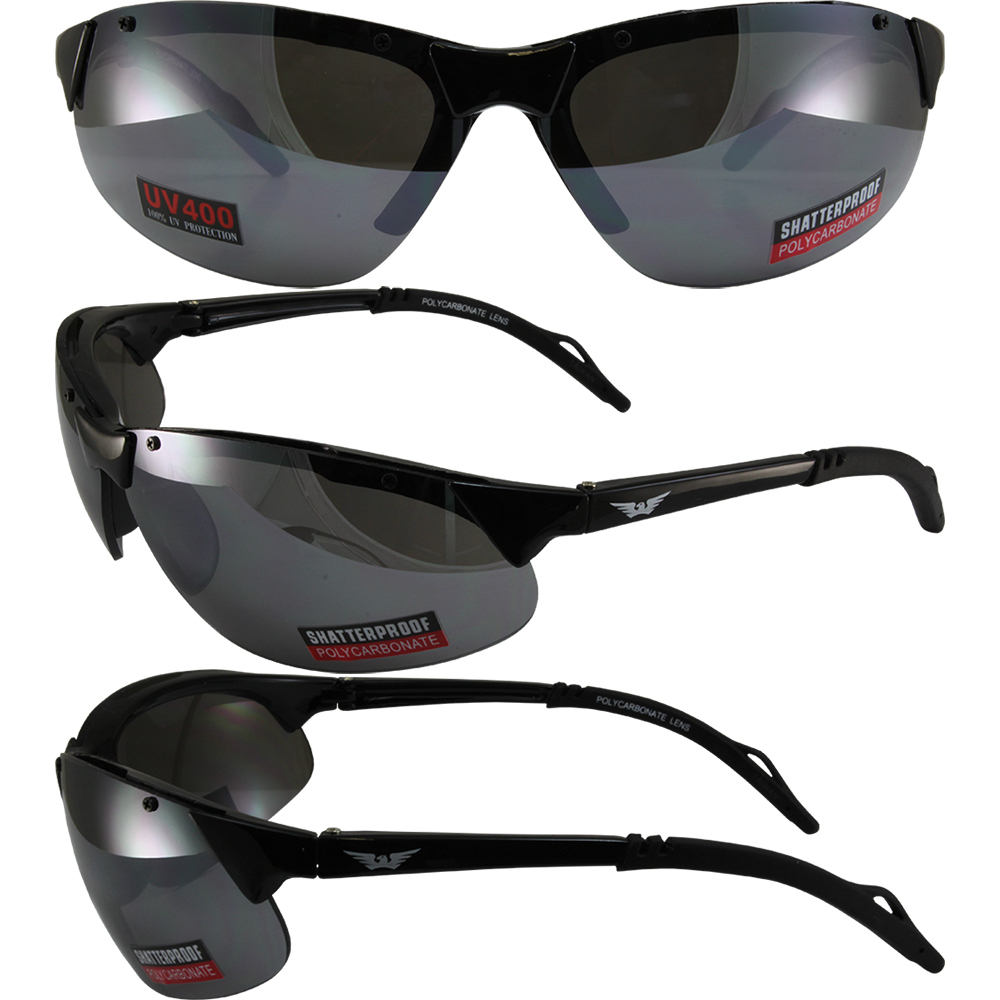 T 5 Motorcycle Sunglasses BLACK FRAME UV400 FLASH MIRROR LENS MICROFIBER POUCH
