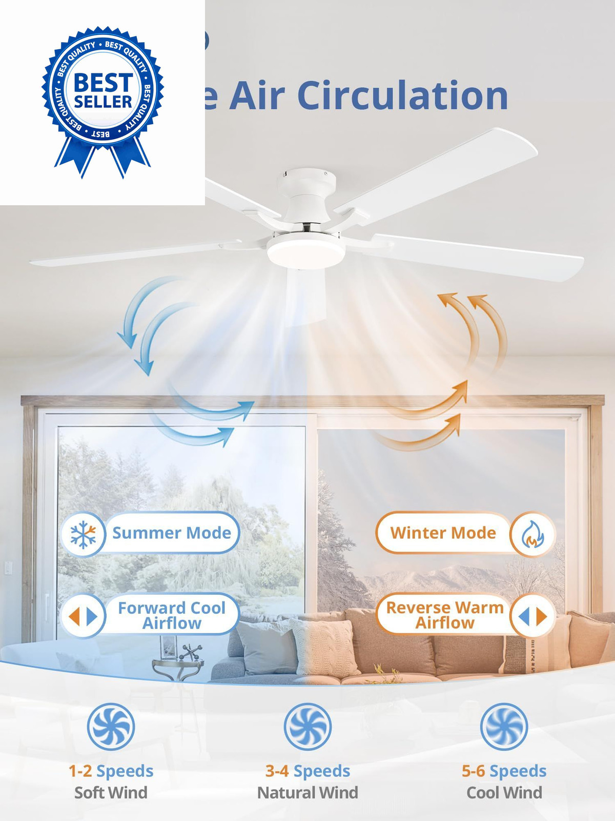 ZMISHIBO 60 Inch Ceiling Fan with Light, App&Remote Control, 60 Inch, White