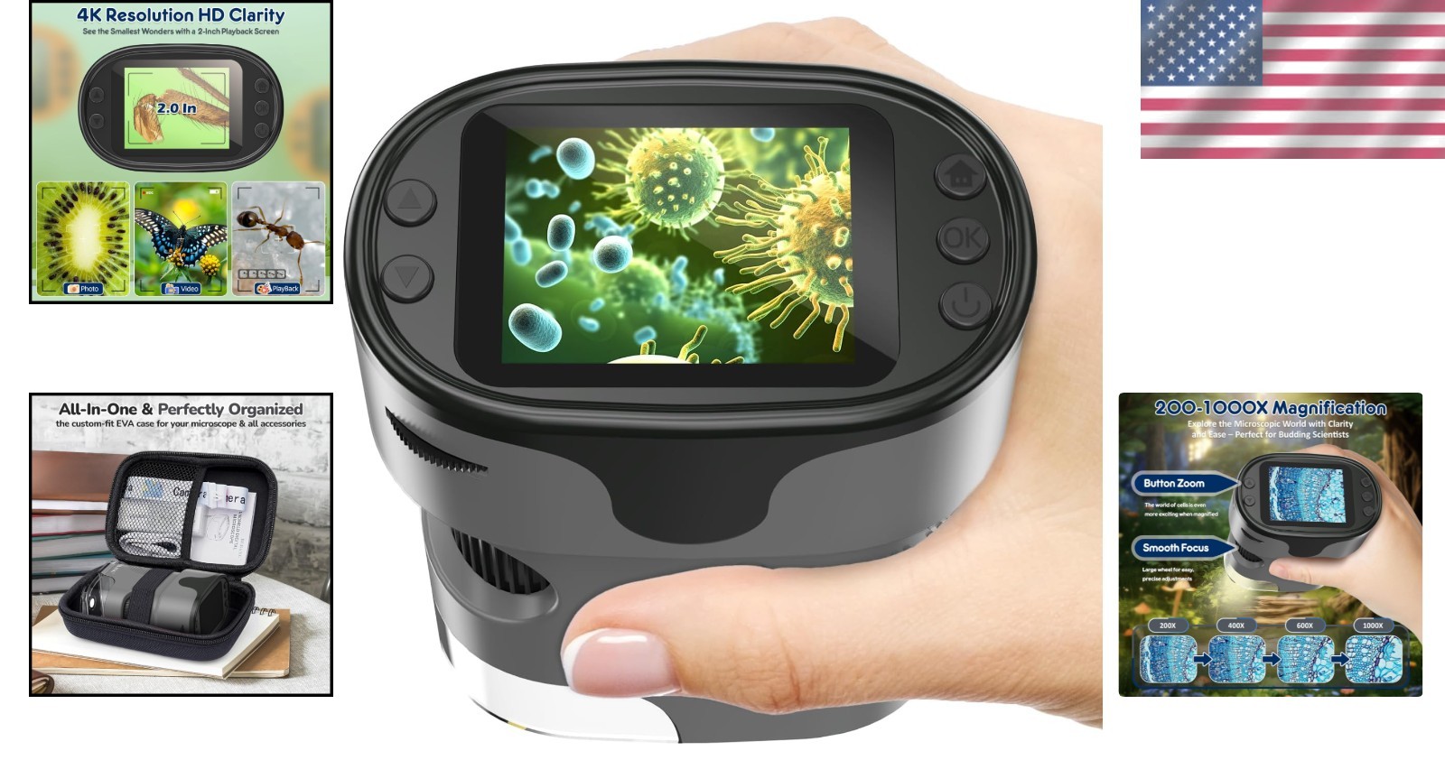 Kids Handheld Microscope 1000X Magnification Gift