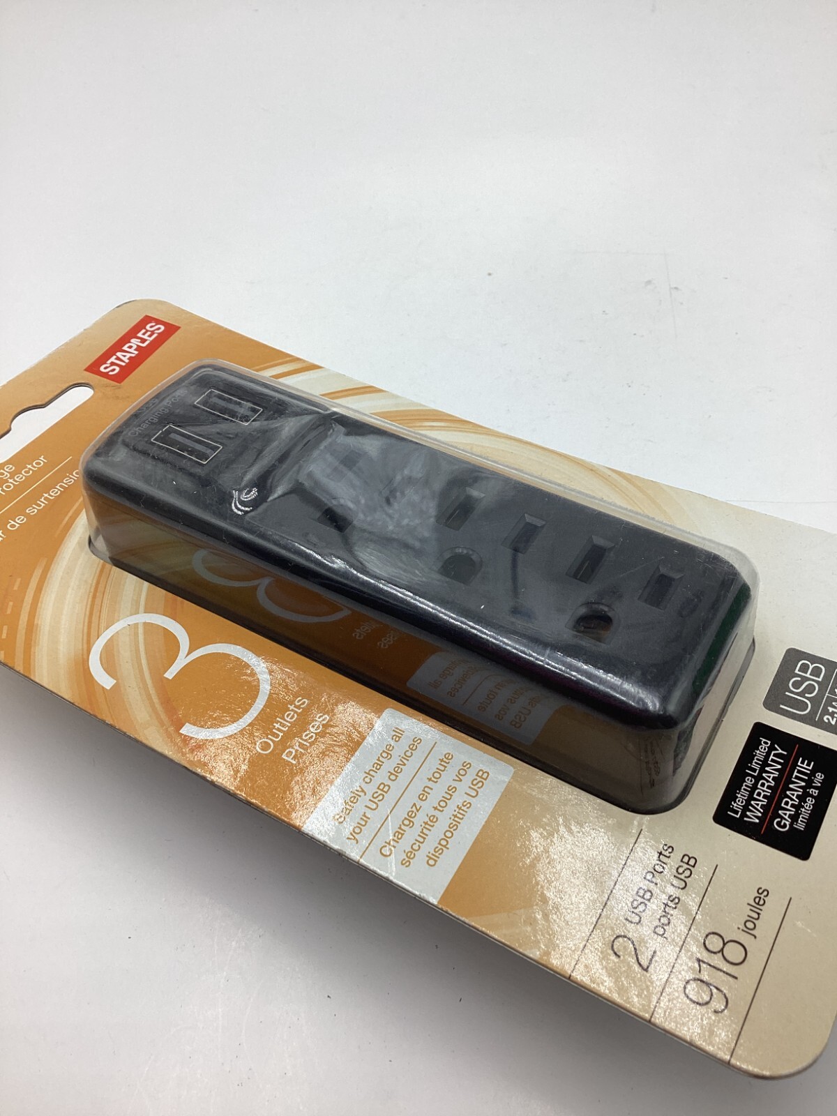 Staples 24497 Surge Protector Power Protector 3-Outlet 2 USB Port Black