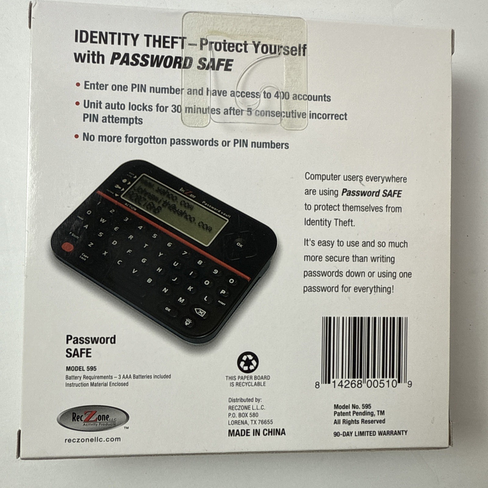 New Password Keeper Safe Vault Password Organizer RecZone Model 595