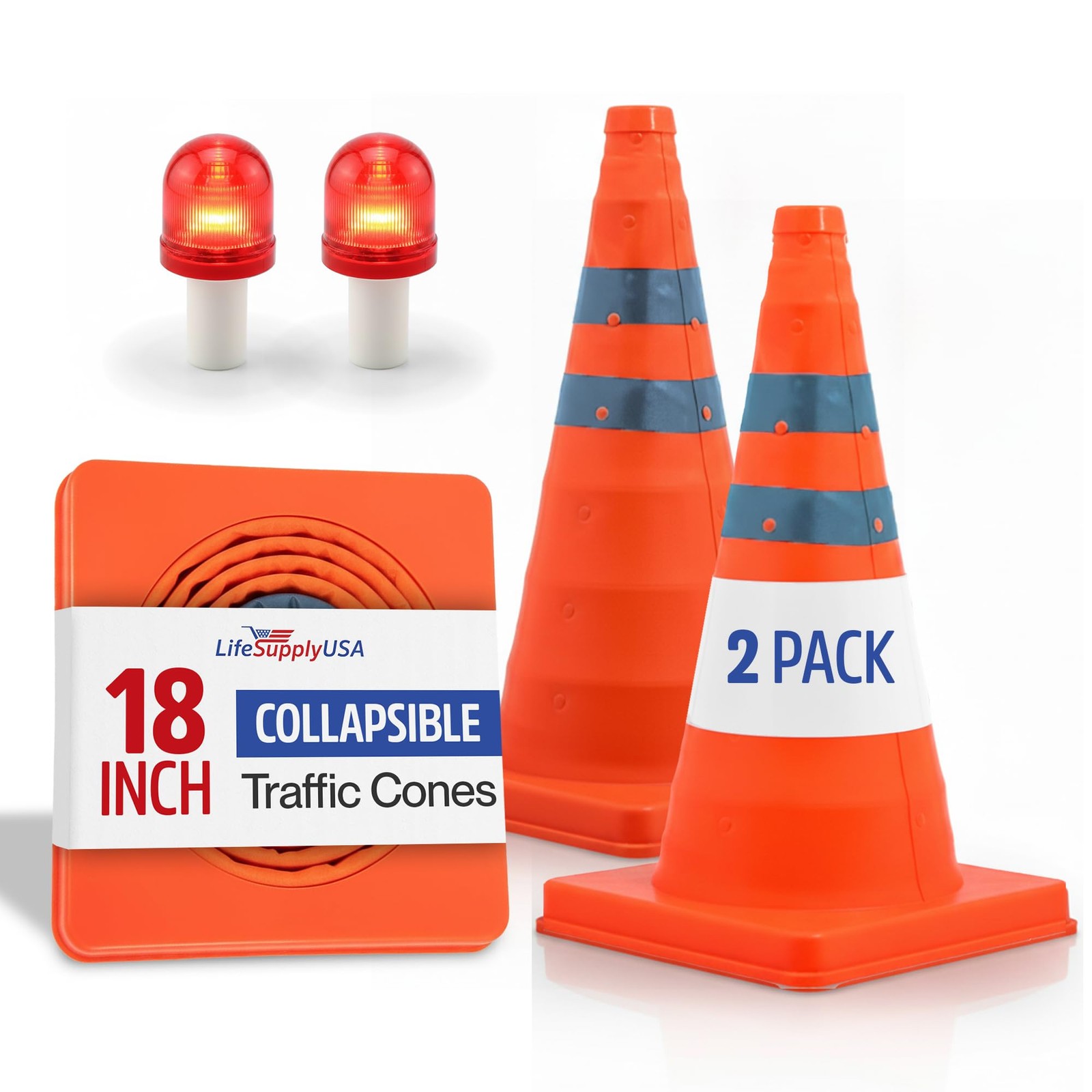 Collapsible Traffic Safety Cone 18" Reflective Strips LED Emergency Parking