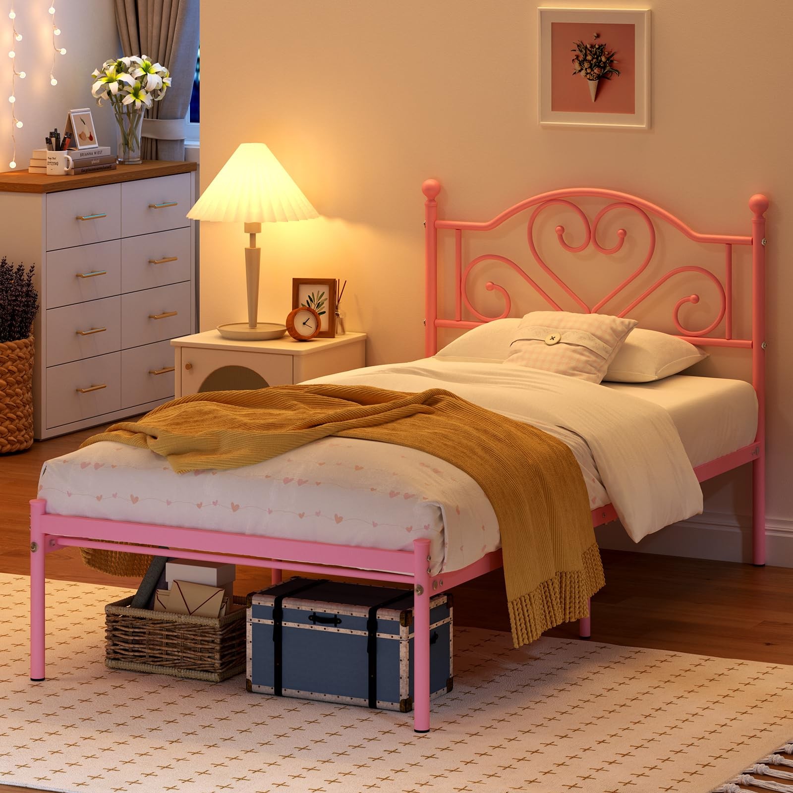 Twin Metal Bed Frame with Headboard, Underbed Storage, Pink