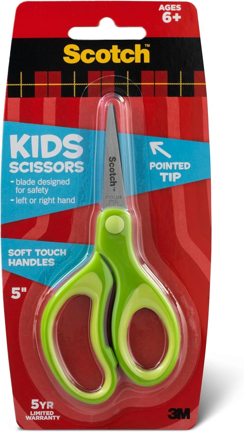 Scotch Kids Pointed Tip Scissors with Soft Touch, 5 Inches (Random color)
