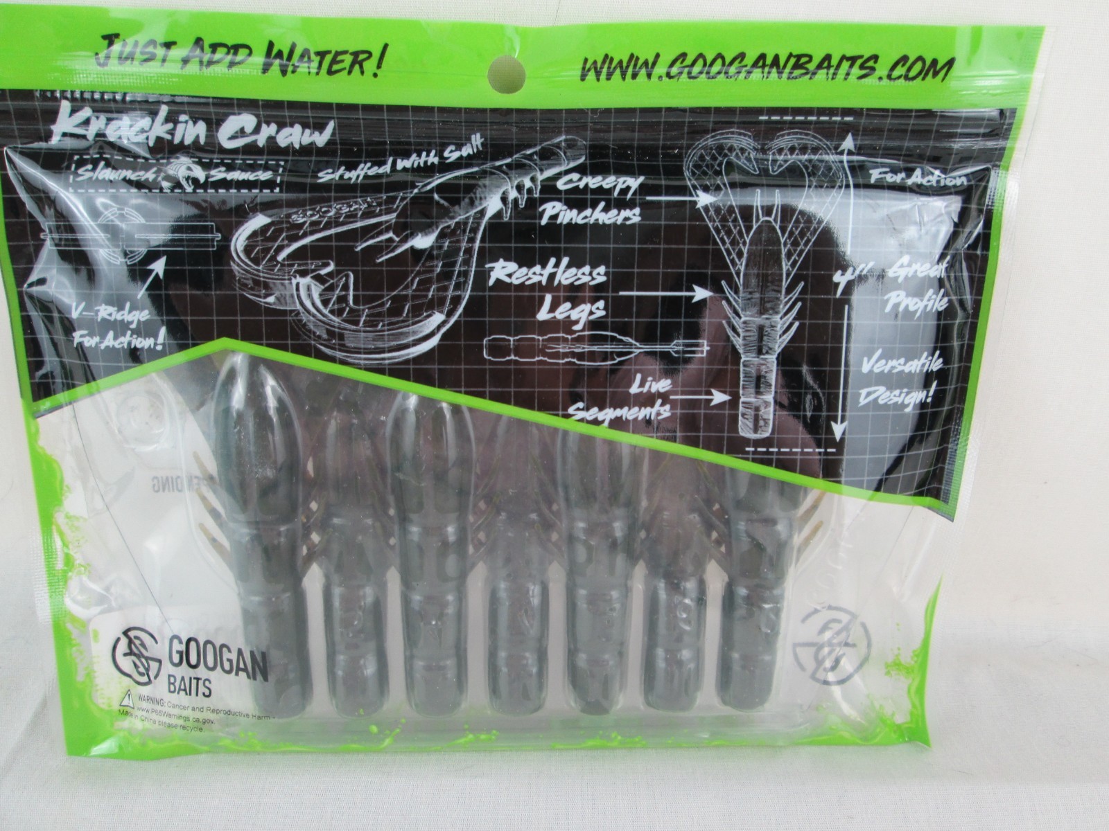 Combo 7 pac Googan Baits Krackin' Craw - Green Pumpkin + 5 pac Hammer Hooks 4/0
