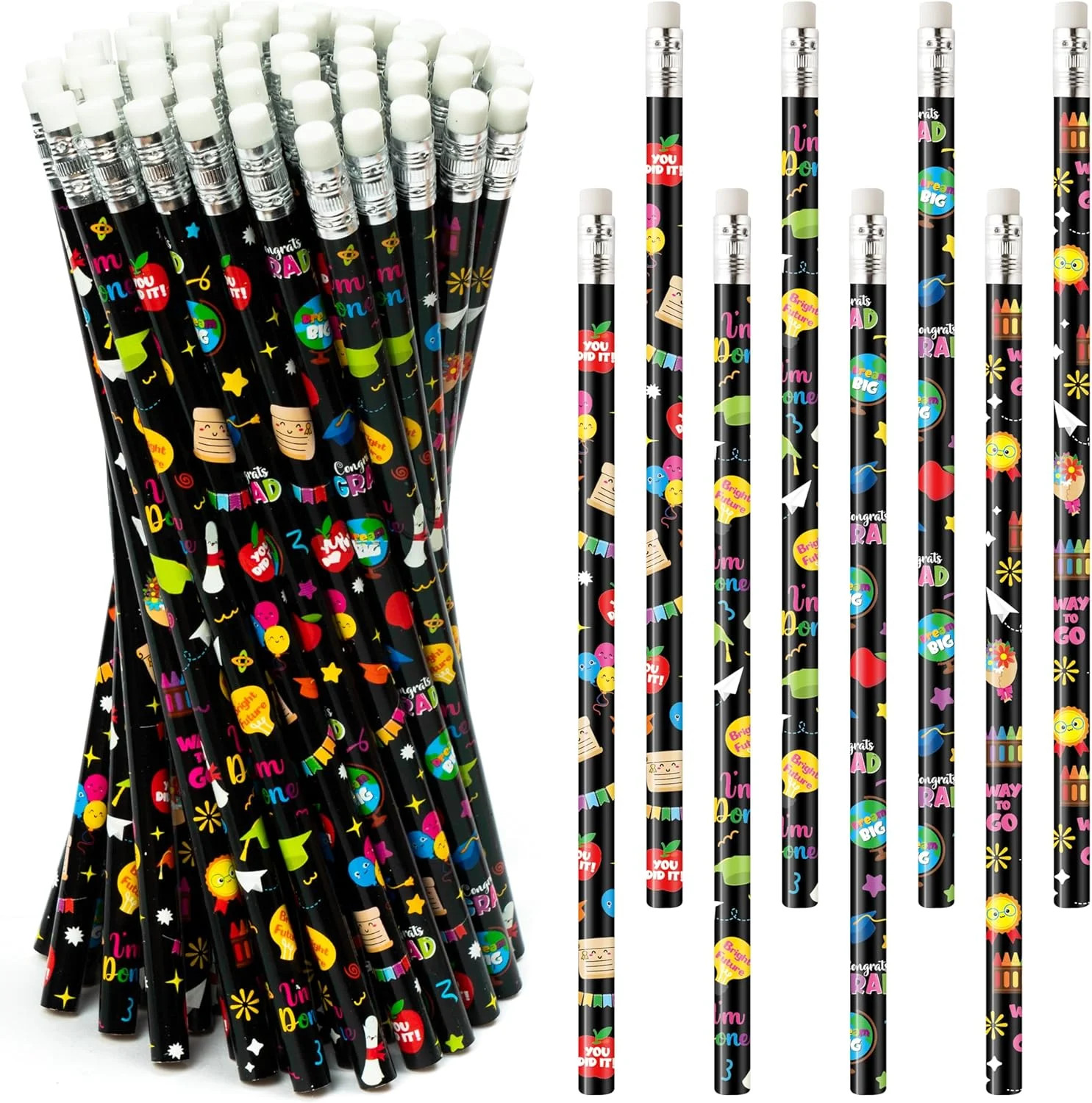 60Pcs Kindergarten Graduation Pencils with Eraser - Grad Cap Diploma Themed