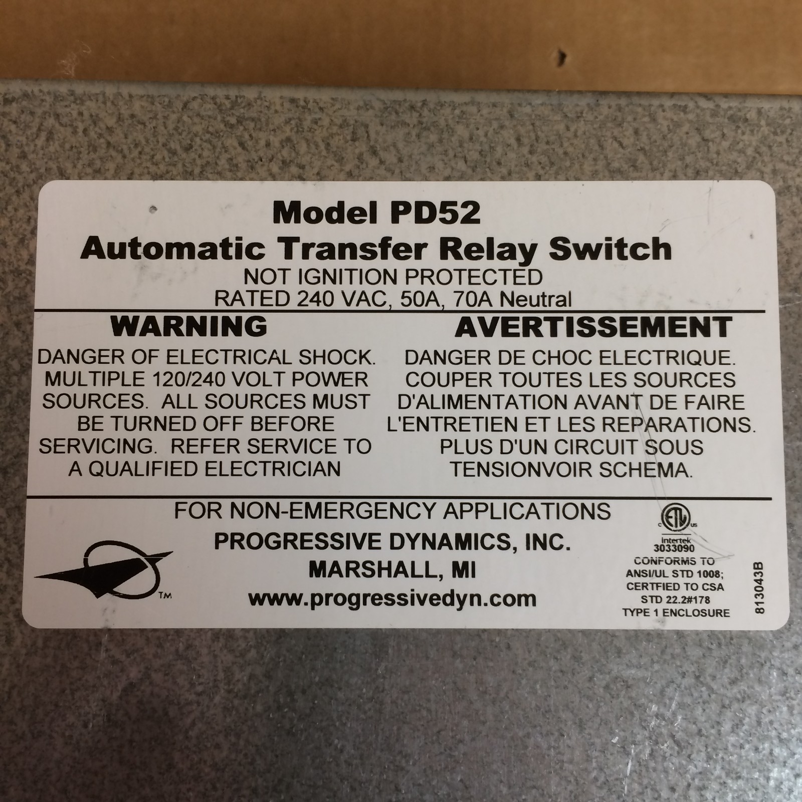 BRAND NEW NOB Progressive Dynamics PD52V 5200 Series Automatic Transfer Switch