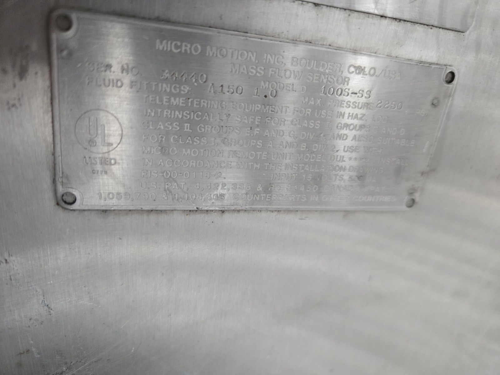 Micro Motion Mass Flow Meter. Model D 100S-SS
