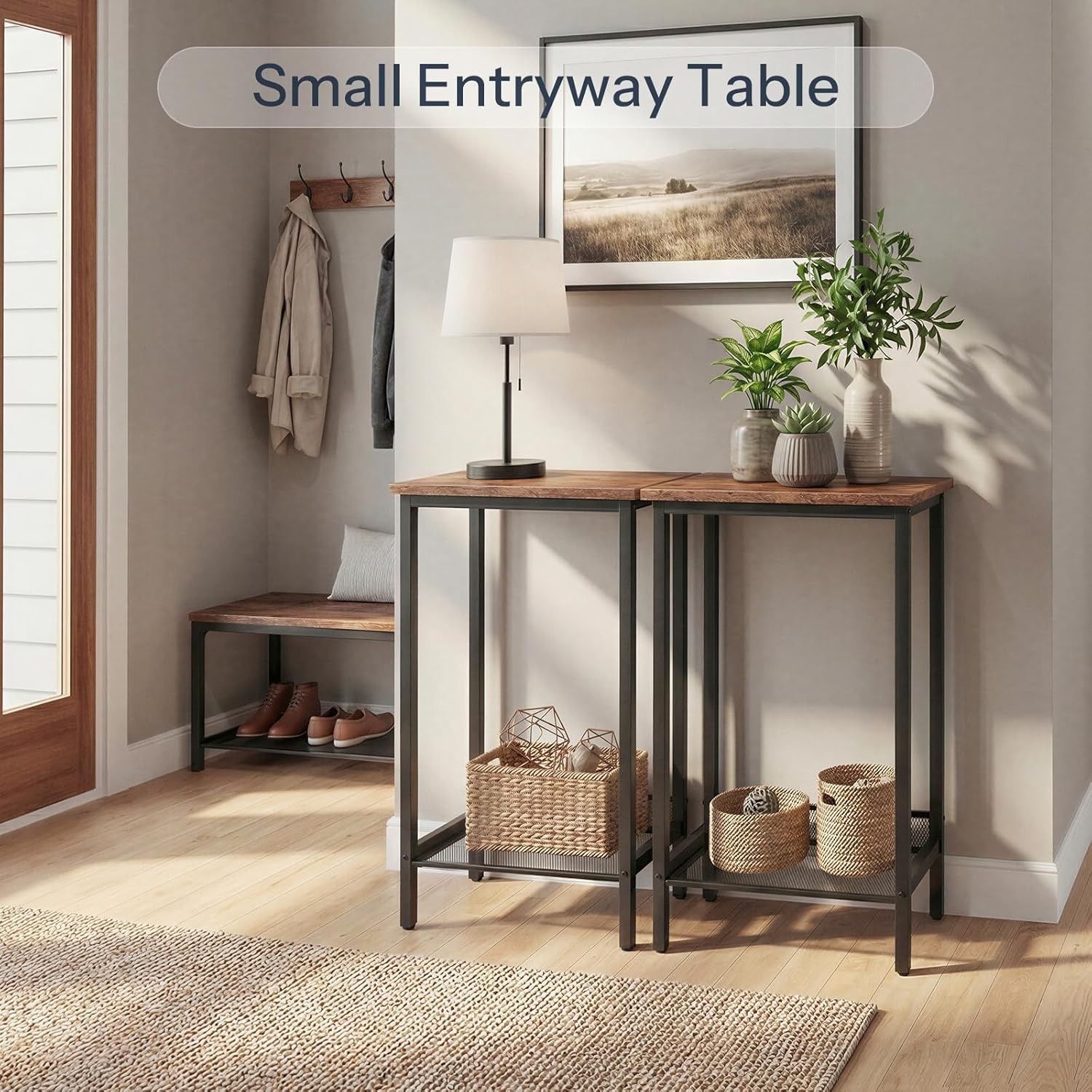 2PCS Industrial End Telephone Table with Adjustable Mesh Shelves Rustic Brown