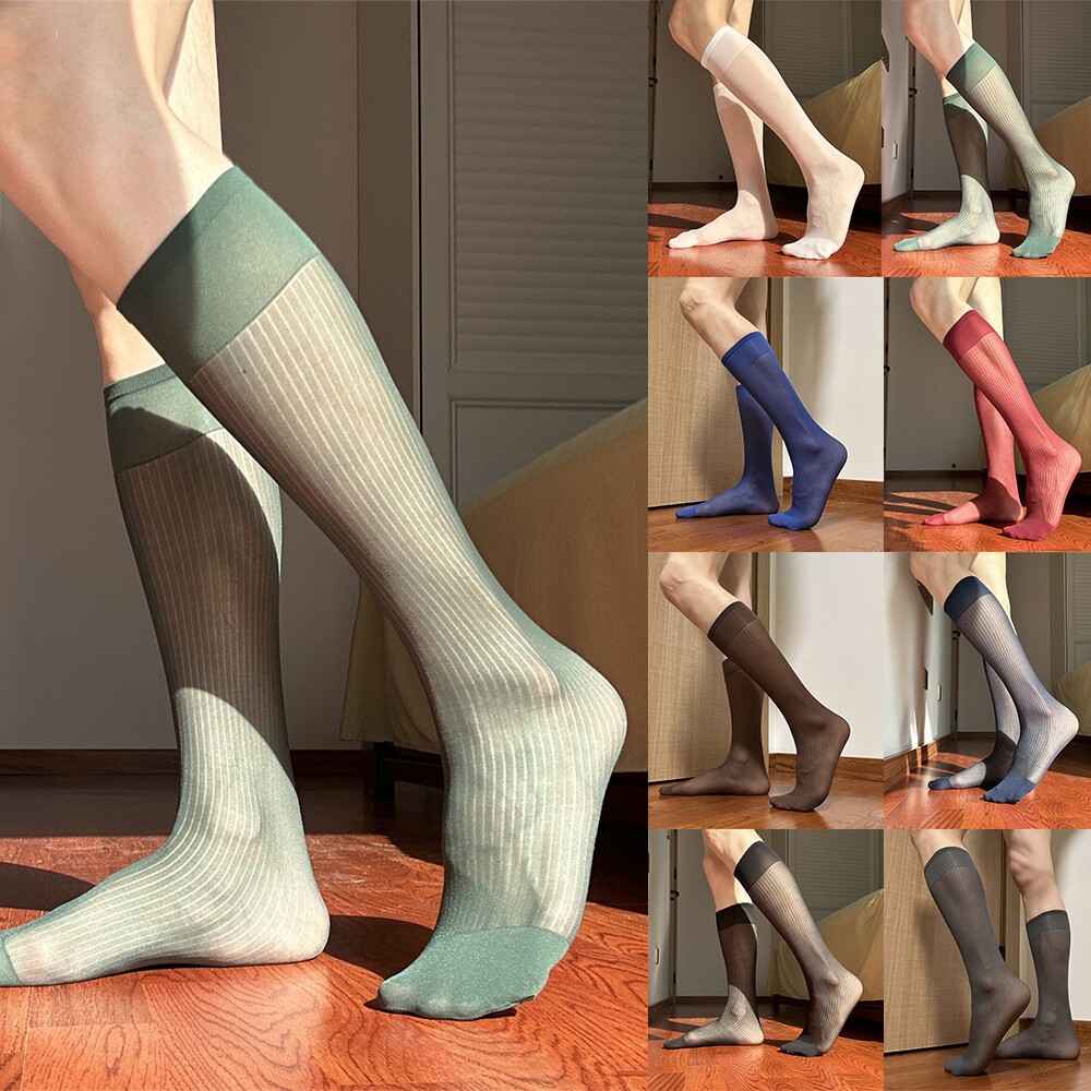Mens Seamless Striped Mid-tube Sheer Sexy Socks Ultra-thin Dress Sockings Silk