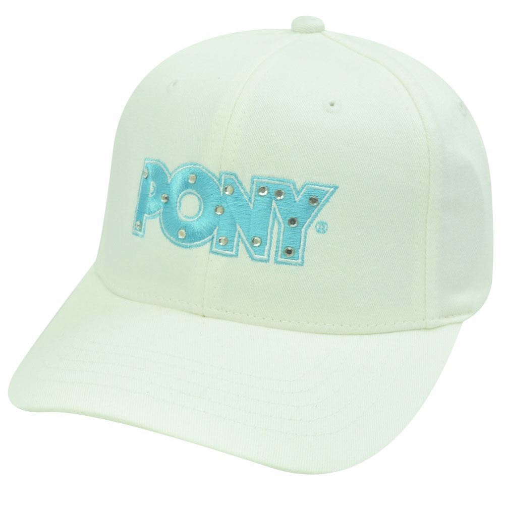 PONY Brand Logo Women's White & Light Blue Rhinestone Hat Cap Flex Fit Size S/M