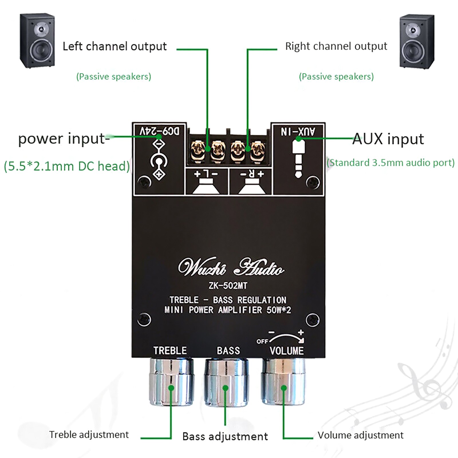 ZK-502MT Bluetooth 5.0 AUX Subwoofer Stereo Amplifier Board Module With Adapter