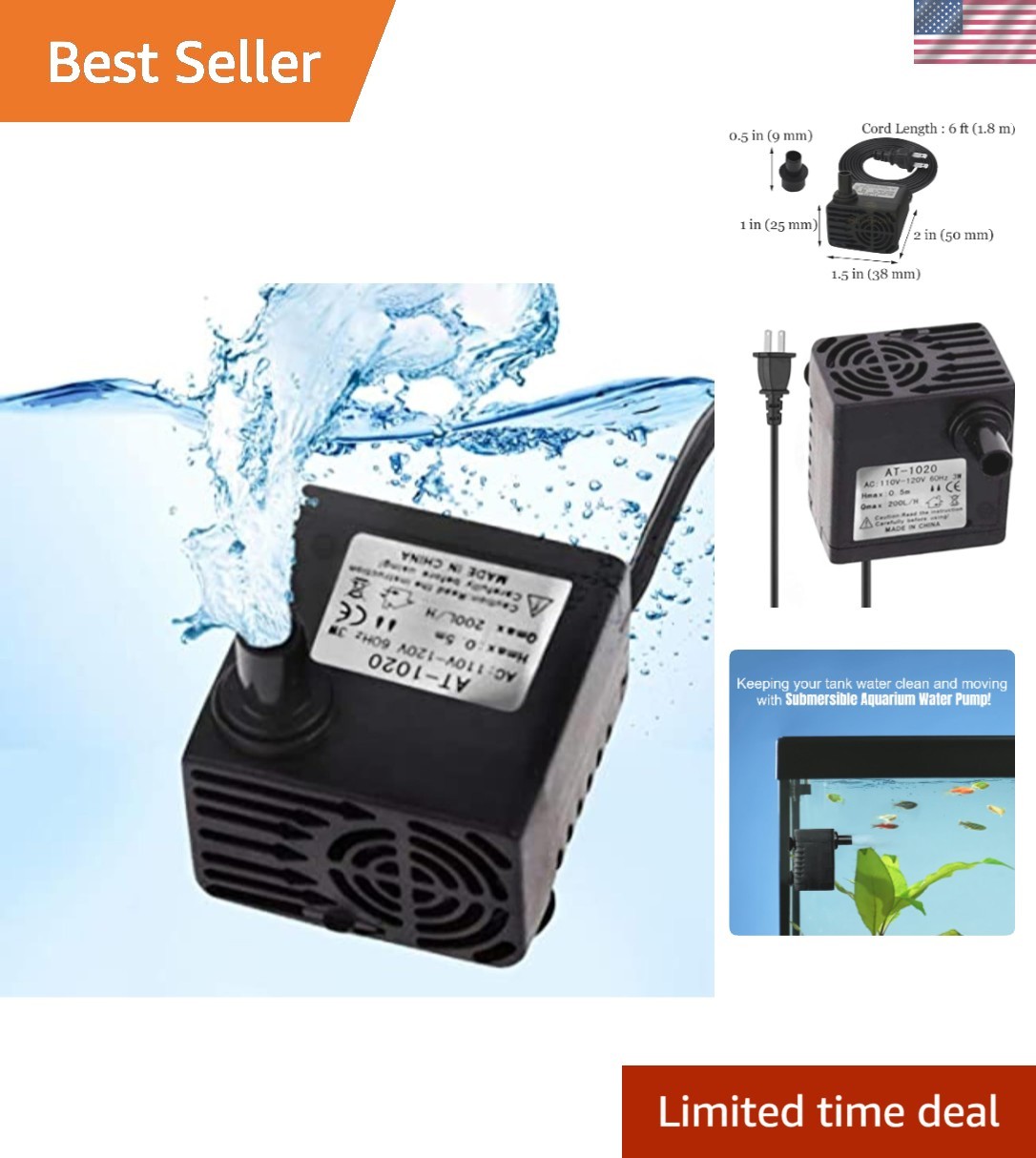 3W Ultra-Quiet Submersible Pump for Hydroponics and Tabletop Fountains - 55 GPH