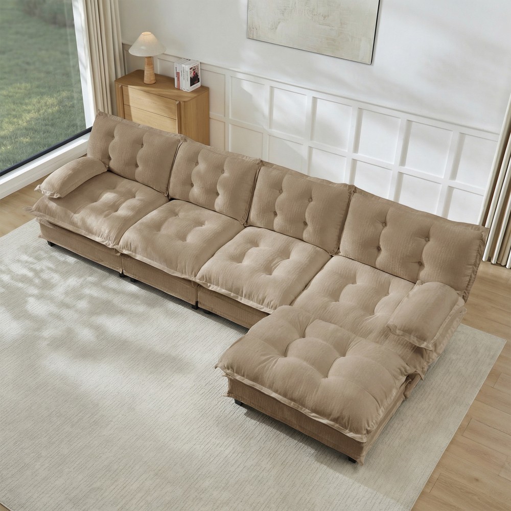 4 Seat L Shaped Sectional Sofa with Ottoman, Chenille Cloud Couch
