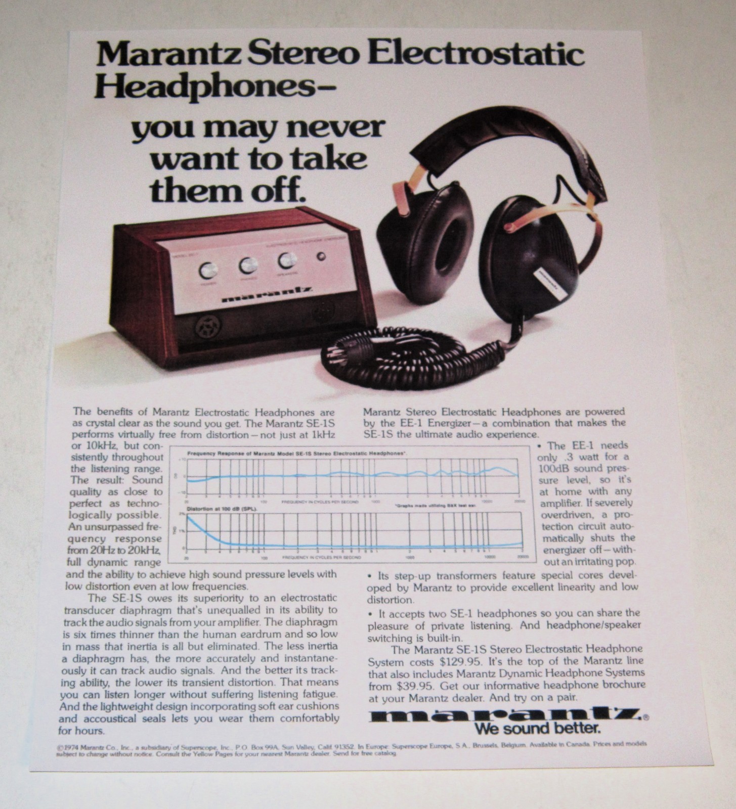 Marantz Electrostatic Headphones SE-1s Audiophile 1 page, 1974, Article, Info