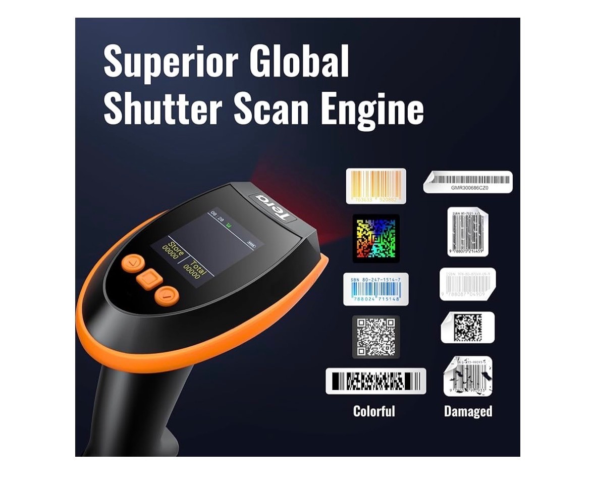 Tera Barcode Scanner Wireless with Screen Pro Version 1D 2D QR HW0009 Orange