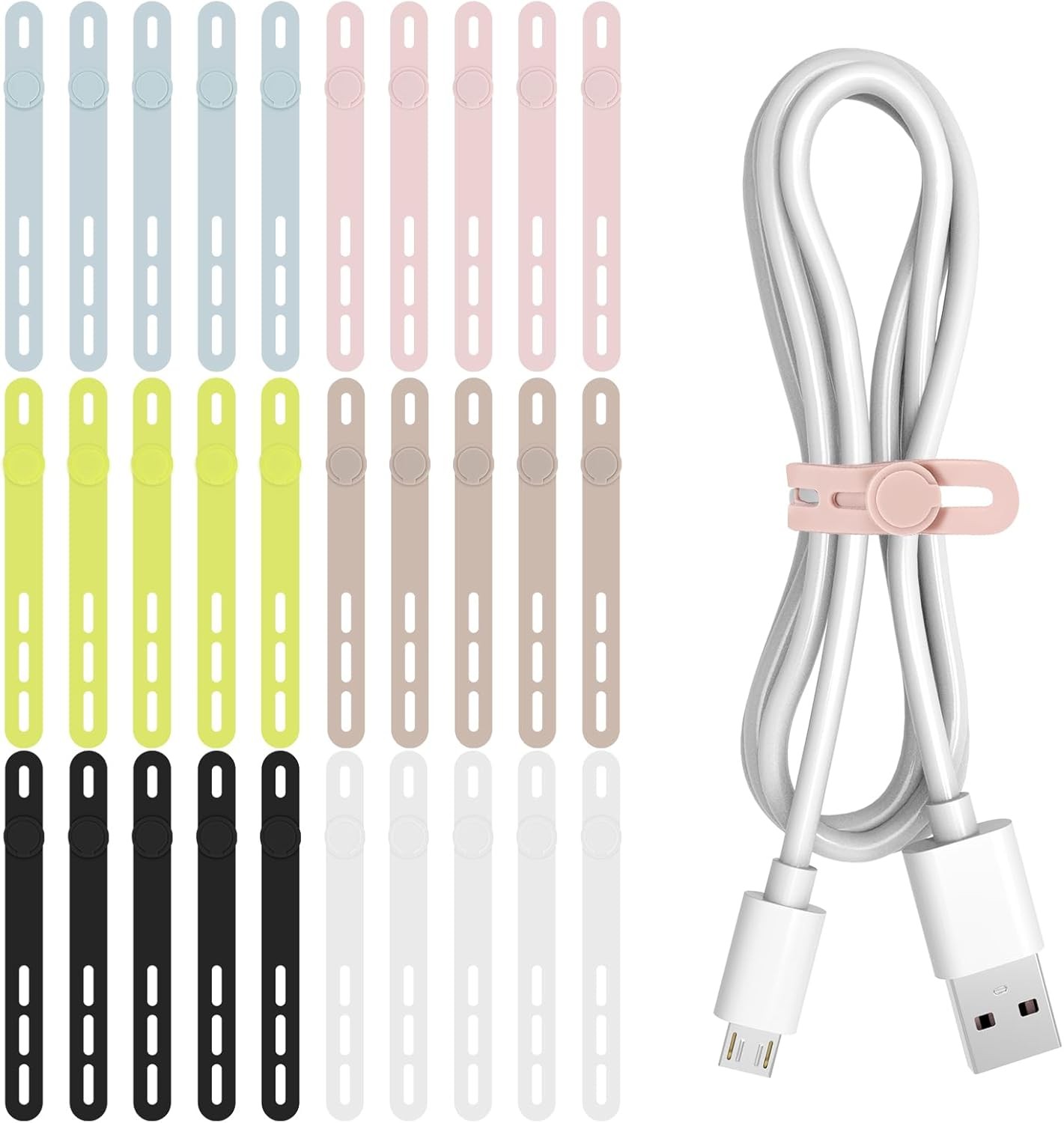 30Pcs Silicone Cable Ties - Reusable & Washable with Adjustable Locking Buckles