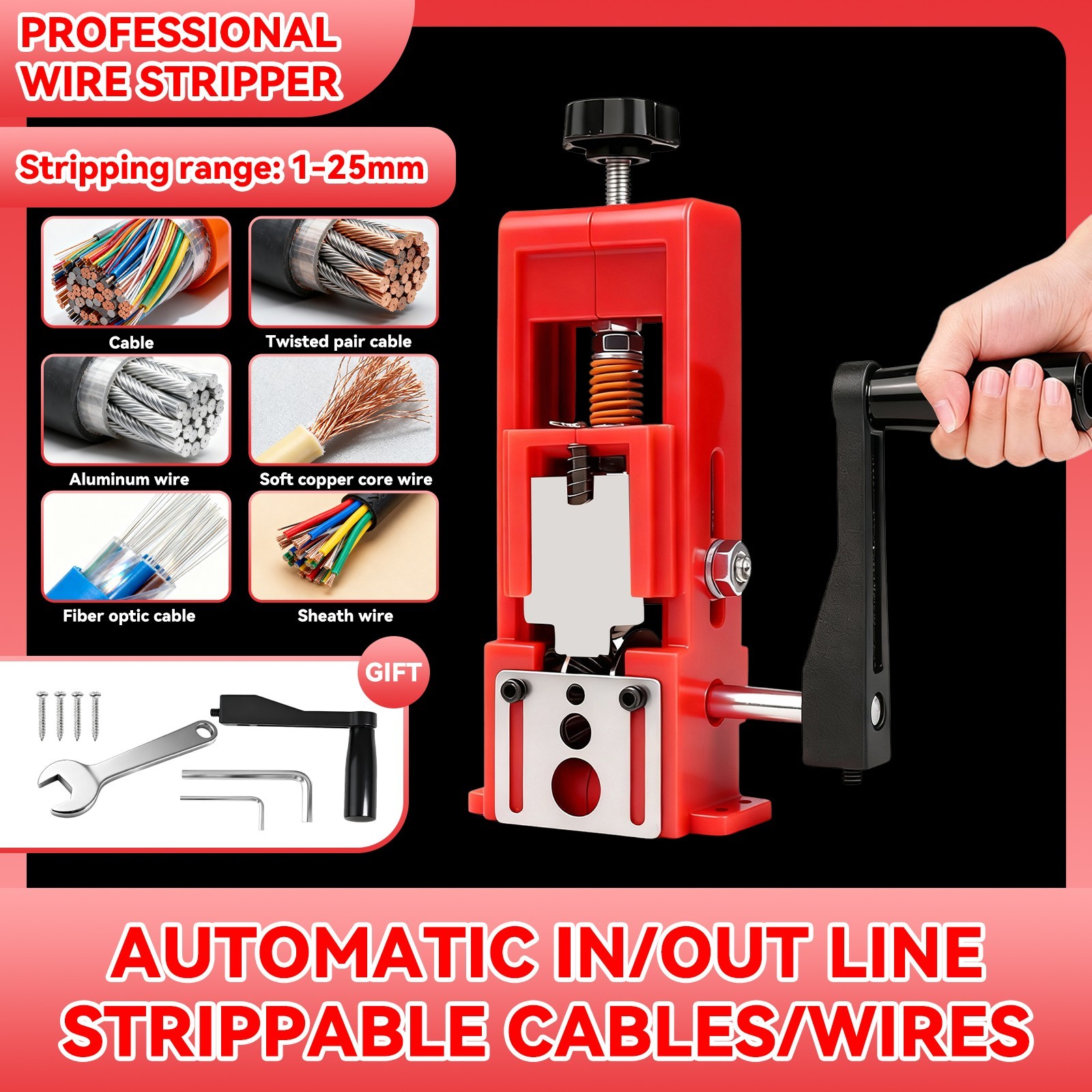 Wire Stripper Machine Hand Crank & Drill Driven Scrap Cable Peeler Tool 14AWG-1"