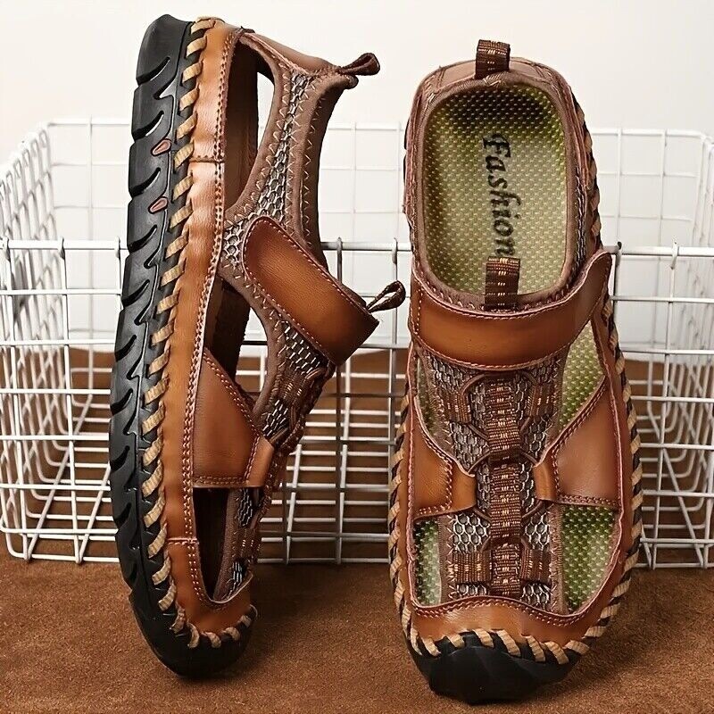Mens Sandals Leather Closed Toe Outdoor Summer Anti-Slip Beach Fisherman Sandals