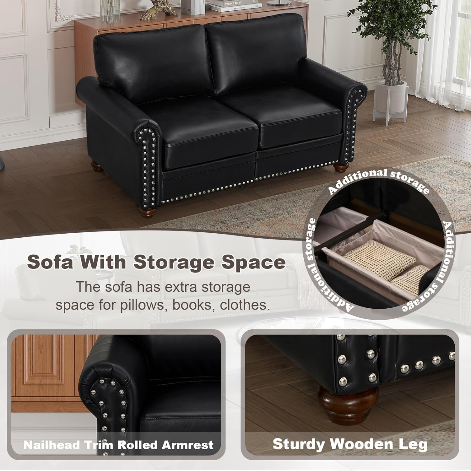 2 Piece Faux Leather Sofa Set, Loveseat & Accent Armchair with Nailhead Trim