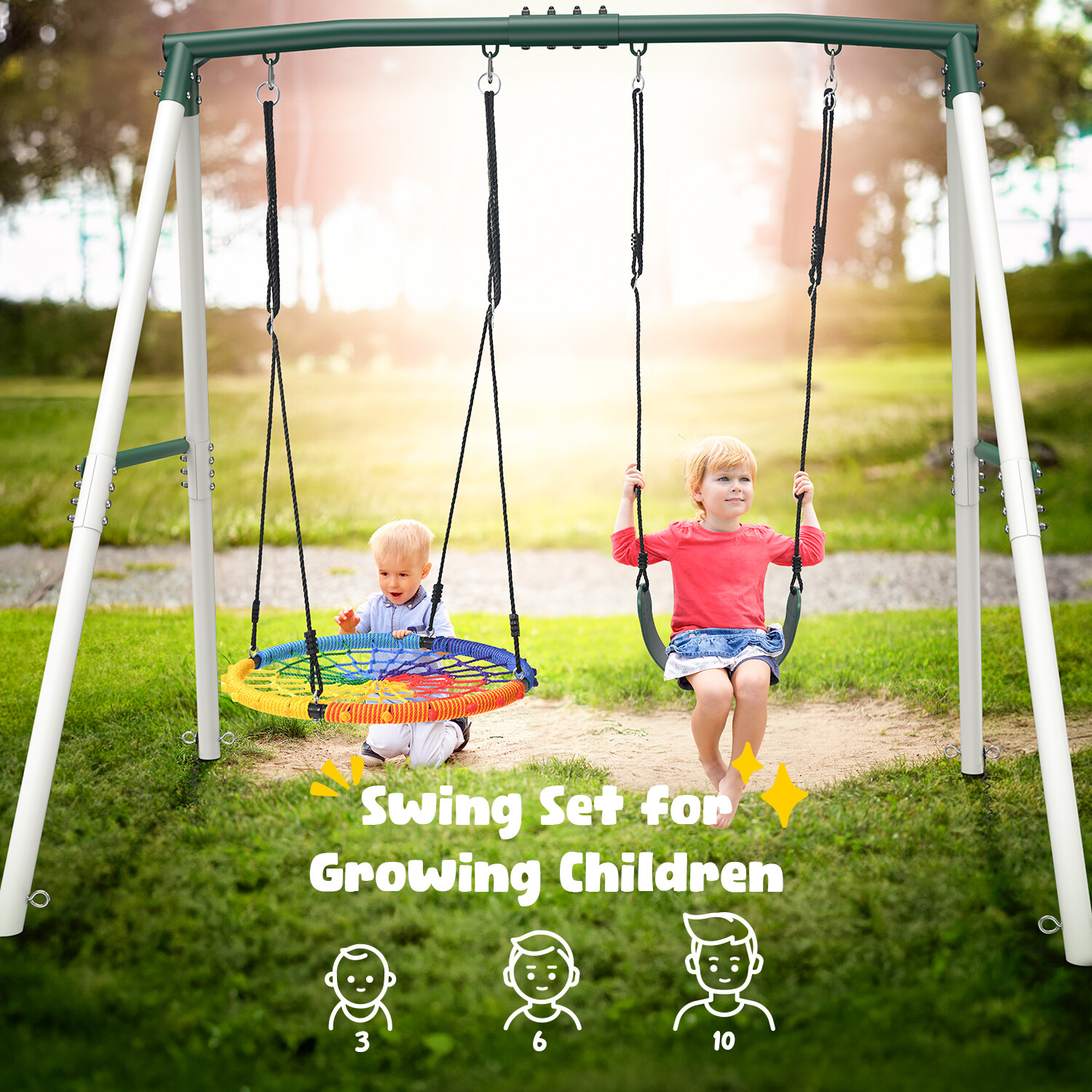 500lb 7.5ft Metal Swing Set with 3 Swings Heavy Duty Frame Kids Outdoor Backyard